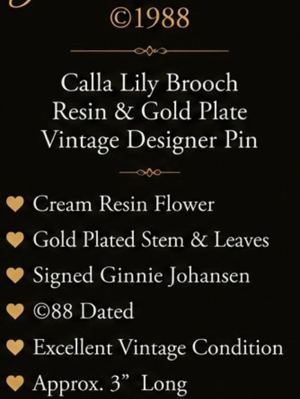 Vintage Ginnie Johansen 1988 Calla Lily Brooch Gold Plated Cream Resin Signed